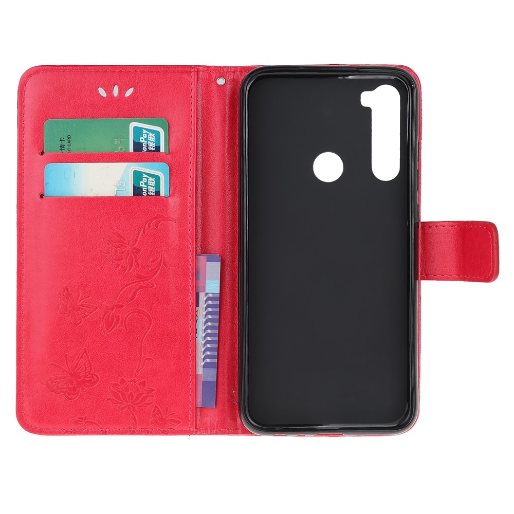 Imprint Butterfly Flower Leather Wallet Case for Xiaomi Redmi Note 8 - Red-5