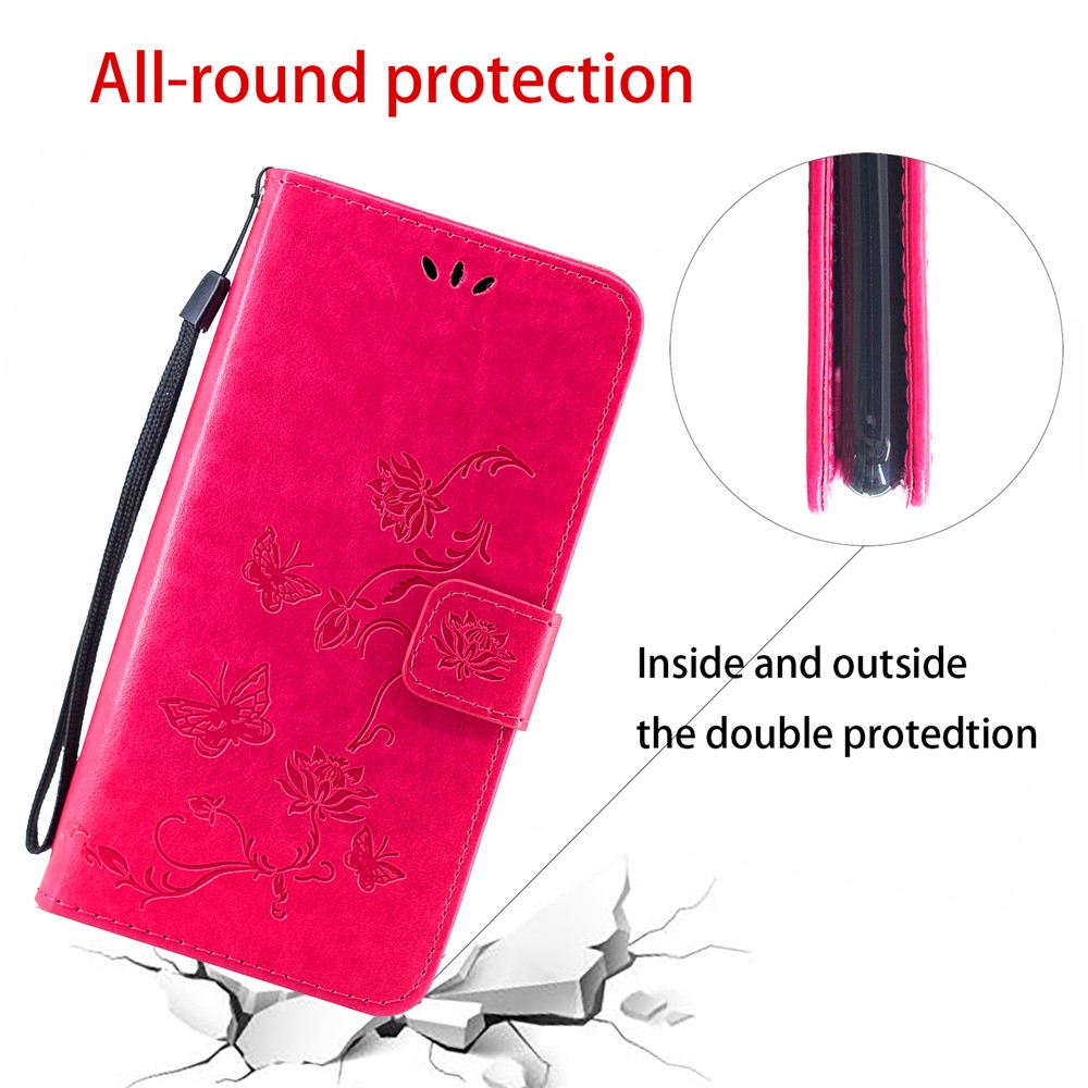 Imprint Butterfly Flower Leather Wallet Case for Xiaomi Redmi Note 8 - Red-6