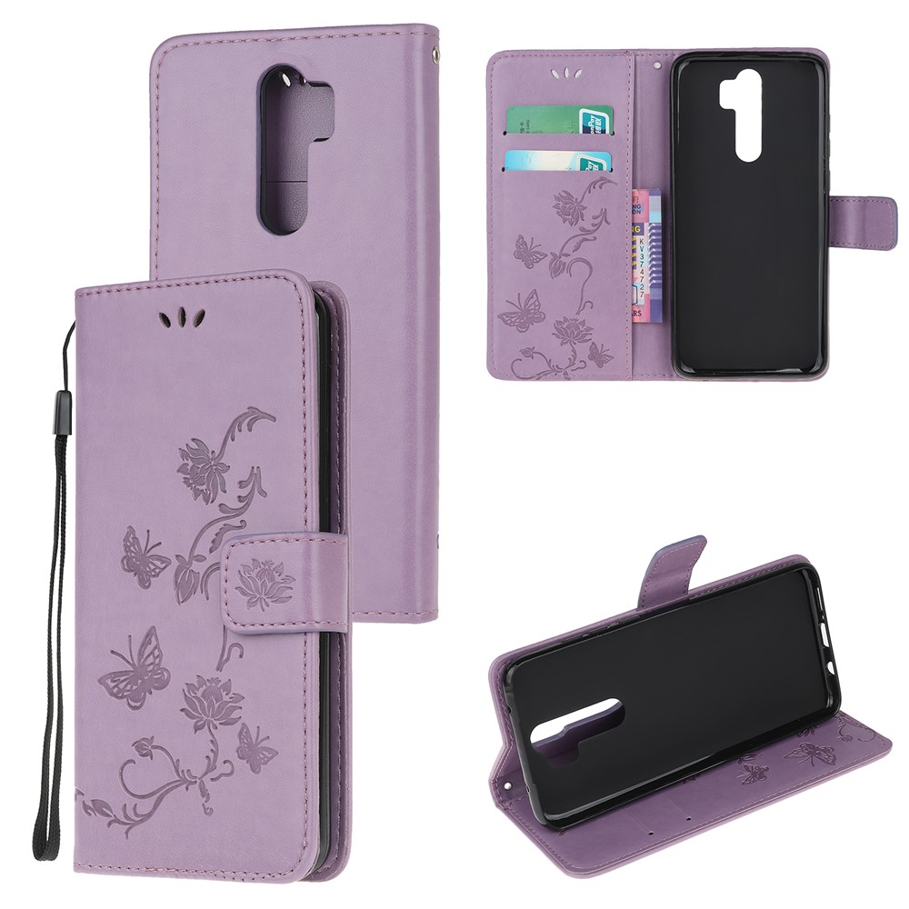 Imprint Butterfly Flower Leather Wallet Casing for Xiaomi Redmi Note 8 Pro - Light Purple-1