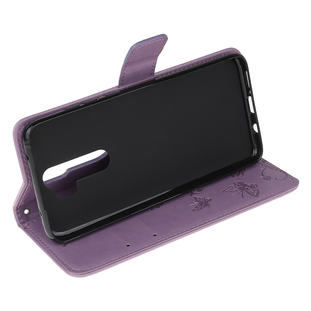 Imprint Butterfly Flower Leather Wallet Casing for Xiaomi Redmi Note 8 Pro - Light Purple-4
