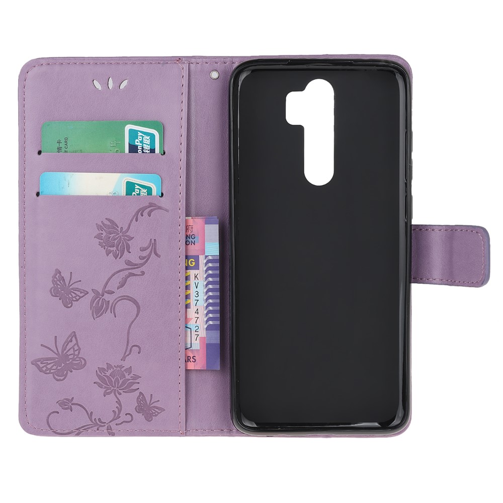 Imprint Butterfly Flower Leather Wallet Casing for Xiaomi Redmi Note 8 Pro - Light Purple-5