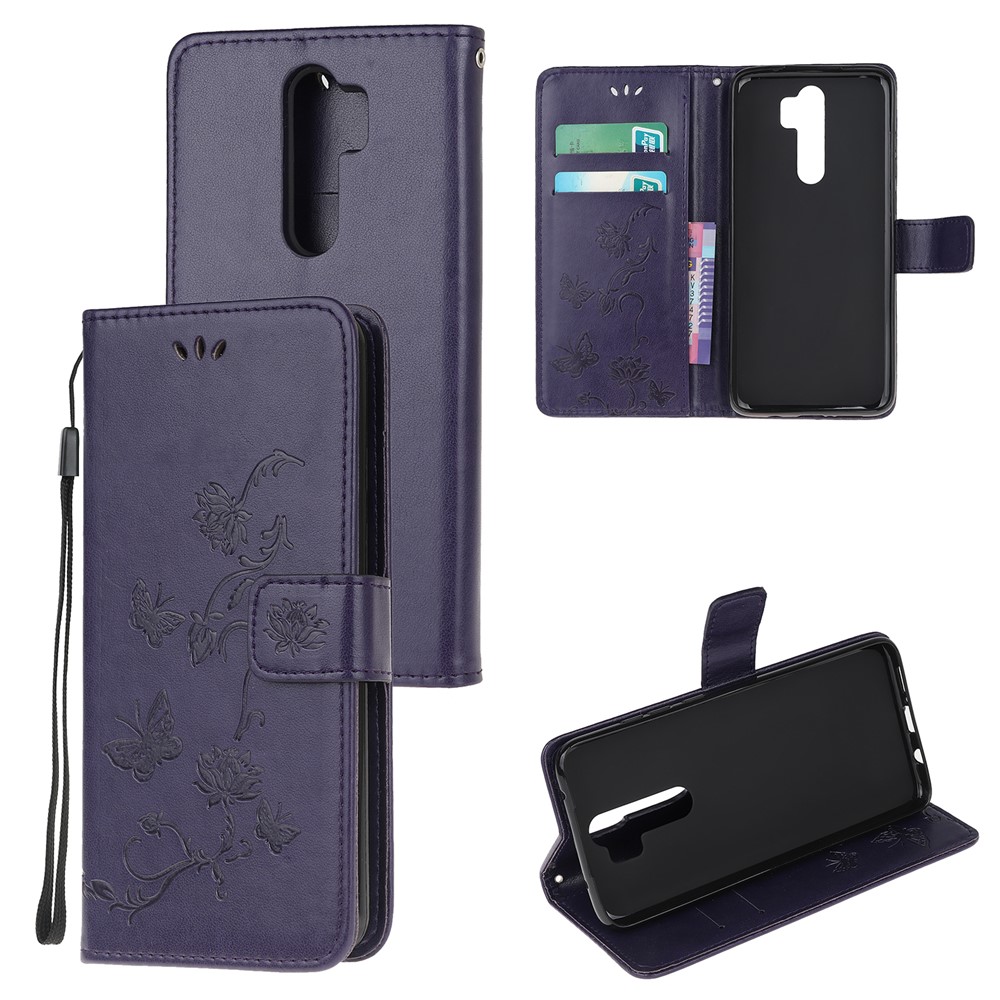 Imprint Butterfly Flower Leather Wallet Casing for Xiaomi Redmi Note 8 Pro - Dark Purple-1