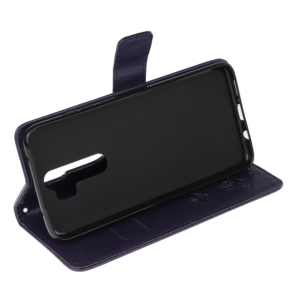 Imprint Butterfly Flower Leather Wallet Casing for Xiaomi Redmi Note 8 Pro - Dark Purple-4