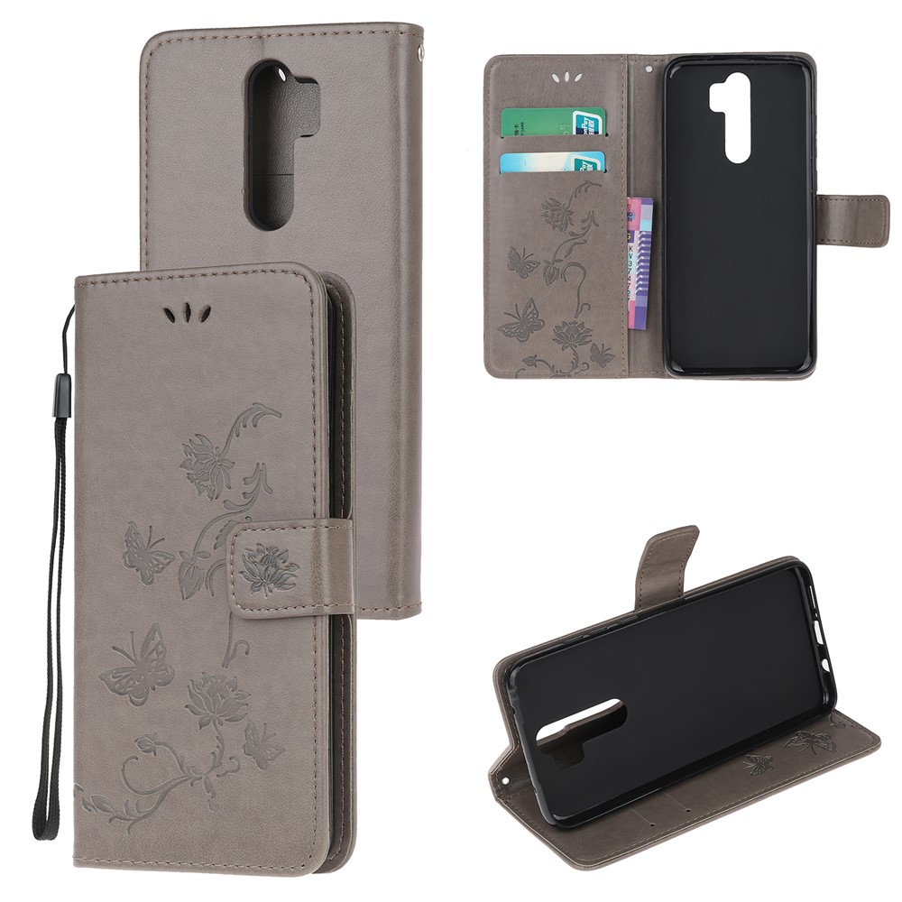 Imprint Butterfly Flower Leather Wallet Casing for Xiaomi Redmi Note 8 Pro - Grey-1