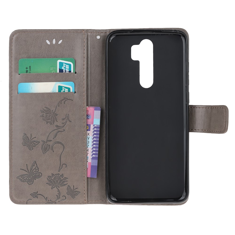 Imprint Butterfly Flower Leather Wallet Casing for Xiaomi Redmi Note 8 Pro - Grey-5