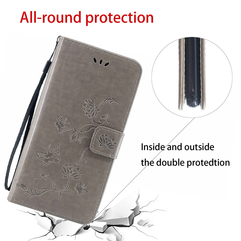 Imprint Butterfly Flower Leather Wallet Casing for Xiaomi Redmi Note 8 Pro - Grey-6