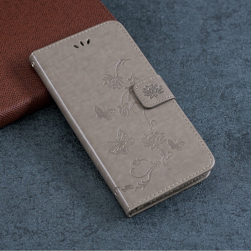 Imprint Butterfly Flower Leather Wallet Casing for Xiaomi Redmi Note 8 Pro - Grey-7