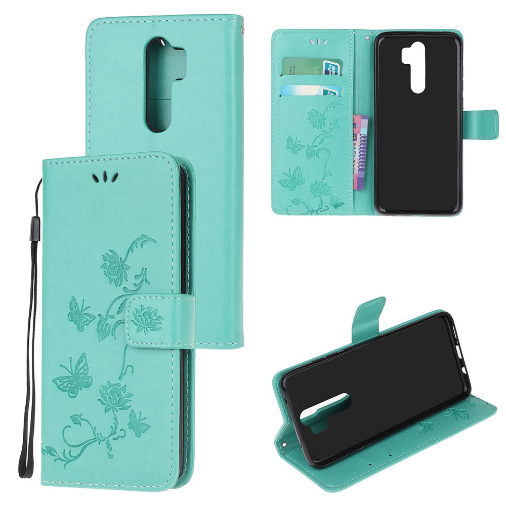 Imprint Butterfly Flower Leather Wallet Casing for Xiaomi Redmi Note 8 Pro - Green-1
