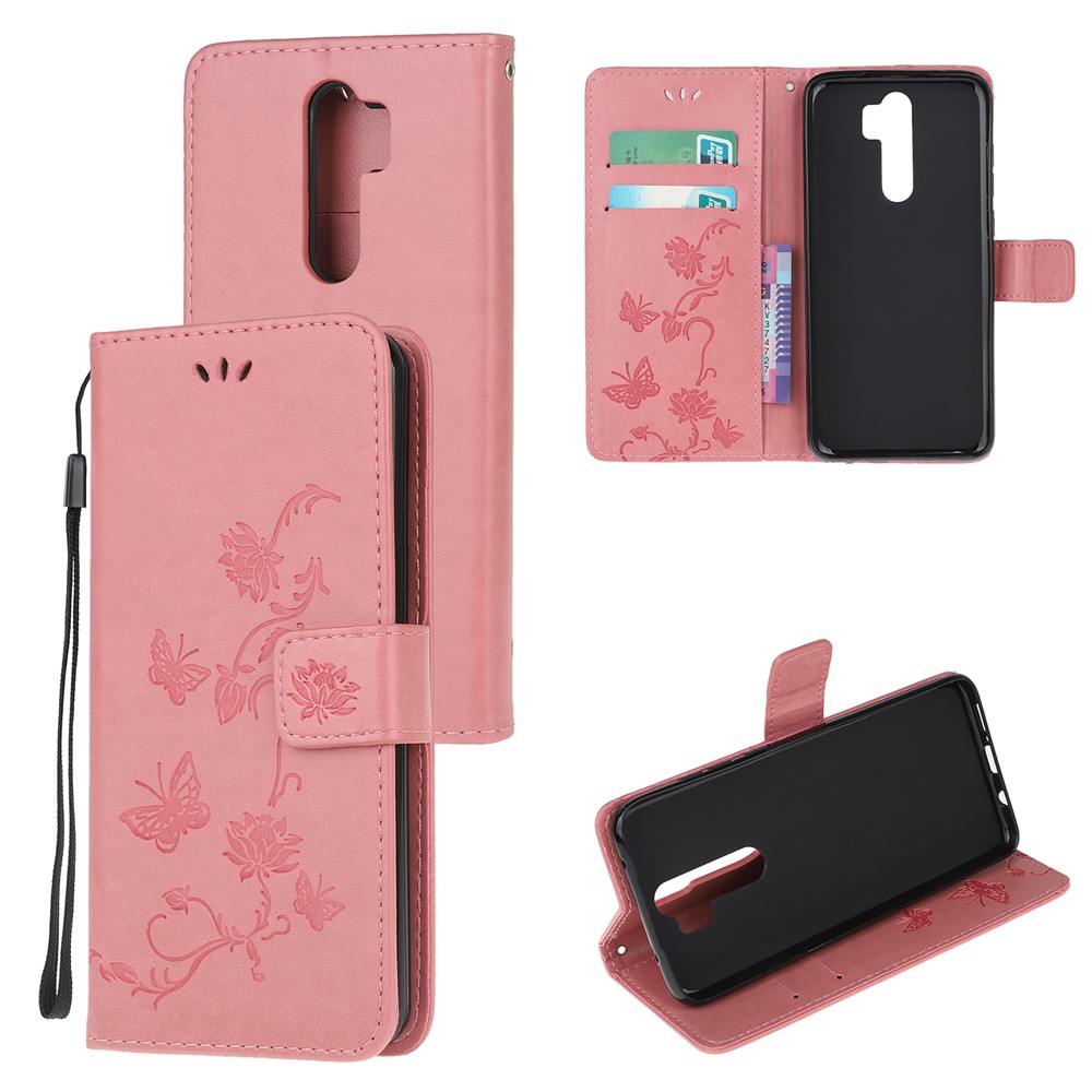 Imprint Butterfly Flower Leather Wallet Casing for Xiaomi Redmi Note 8 Pro - Pink-1