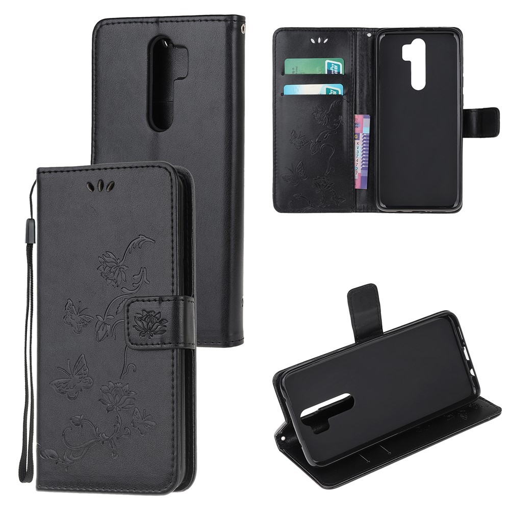 Imprint Butterfly Flower Leather Wallet Casing for Xiaomi Redmi Note 8 Pro - Black-1
