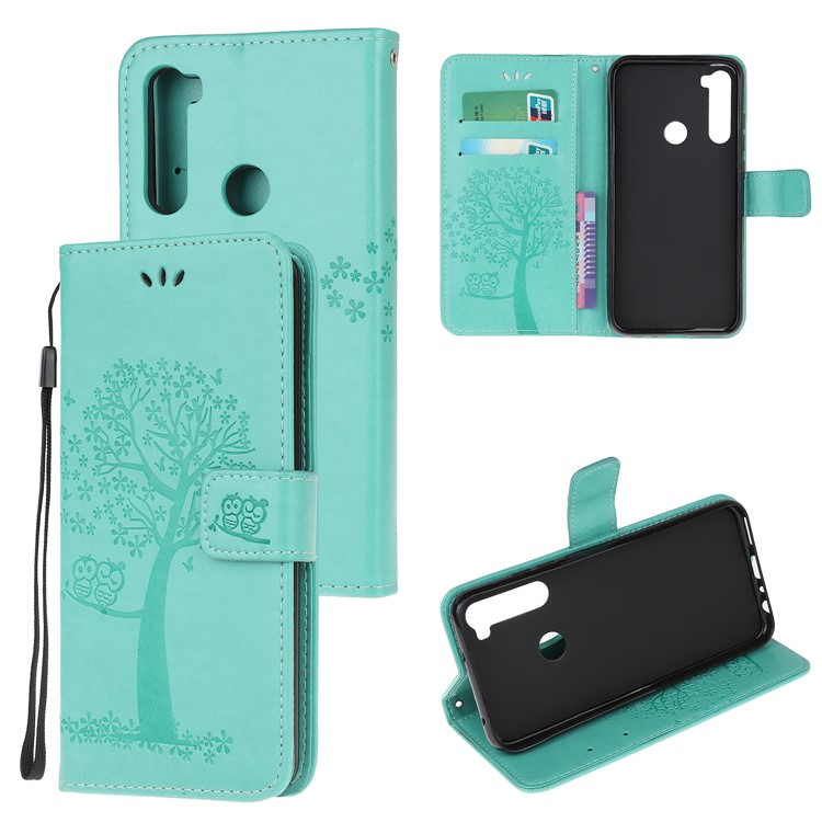 Imprint Tree Owl PU Leather Wallet Phone Cover with Stand for Xiaomi Redmi Note 8 - Cyan-1