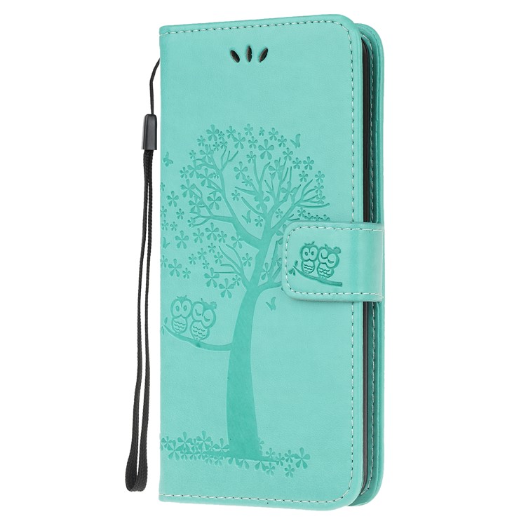Imprint Tree Owl PU Leather Wallet Phone Cover with Stand for Xiaomi Redmi Note 8 - Cyan-2