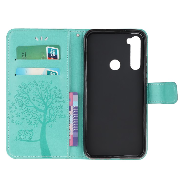 Imprint Tree Owl PU Leather Wallet Phone Cover with Stand for Xiaomi Redmi Note 8 - Cyan-5