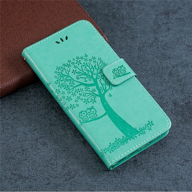 Imprint Tree Owl PU Leather Wallet Phone Cover with Stand for Xiaomi Redmi Note 8 - Cyan-7