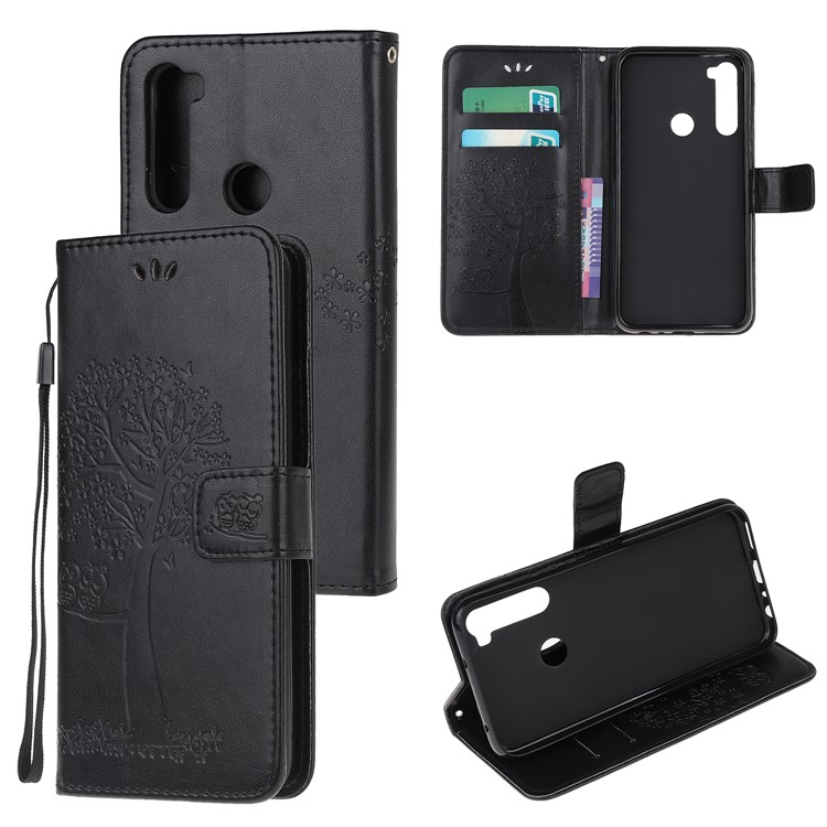 Imprint Tree Owl PU Leather Wallet Phone Cover with Stand for Xiaomi Redmi Note 8 - Black-1