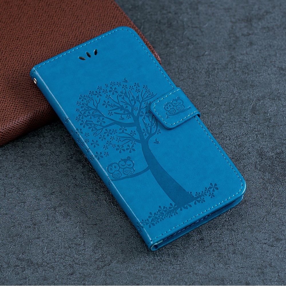 Imprint Tree Owl PU Leather Wallet Phone Cover with Stand for Xiaomi Redmi Note 8 - Blue-7