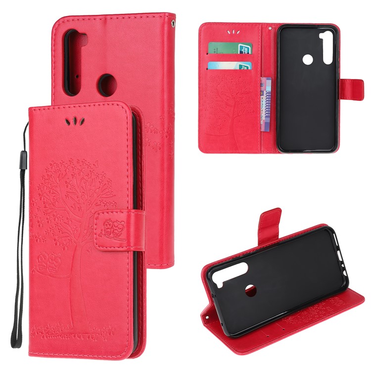 Imprint Tree Owl PU Leather Wallet Phone Cover with Stand for Xiaomi Redmi Note 8 - Rose-1