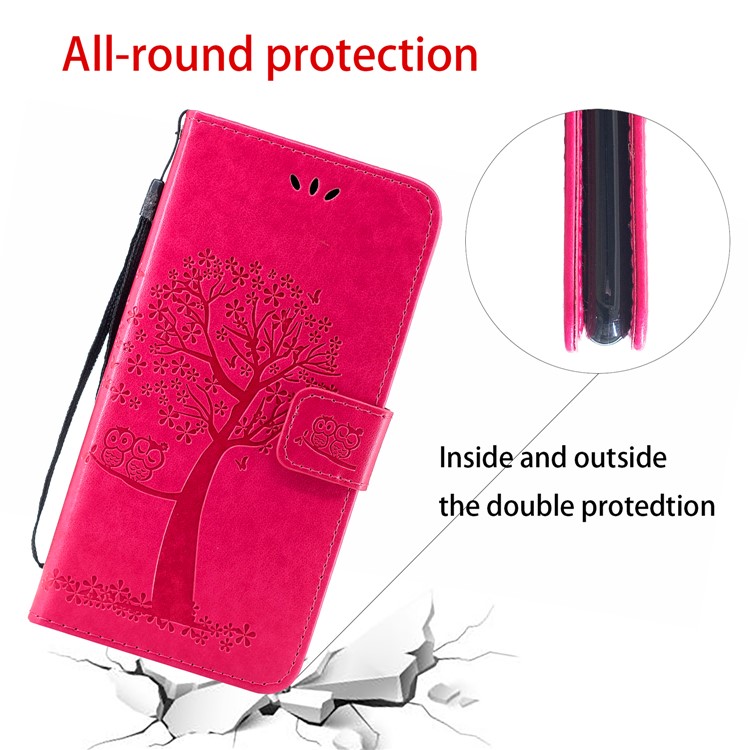 Imprint Tree Owl PU Leather Wallet Phone Cover with Stand for Xiaomi Redmi Note 8 - Rose-6