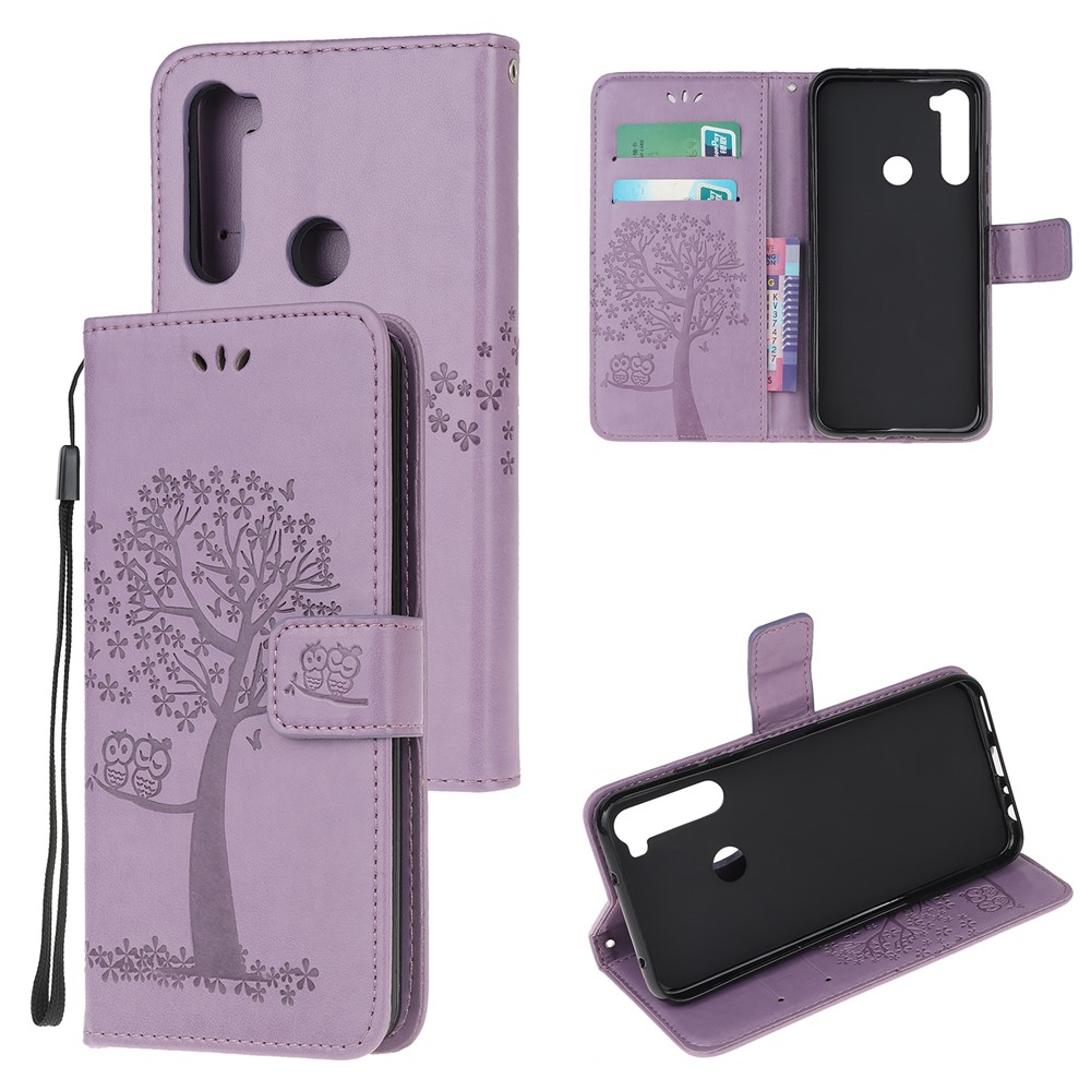 Copertura Del Telefono Di Impronta Albero Gufo PU Portafoglio In Pelle Con Supporto Per Xiaomi Redmi Nota 8 - Viola Chiaro-1