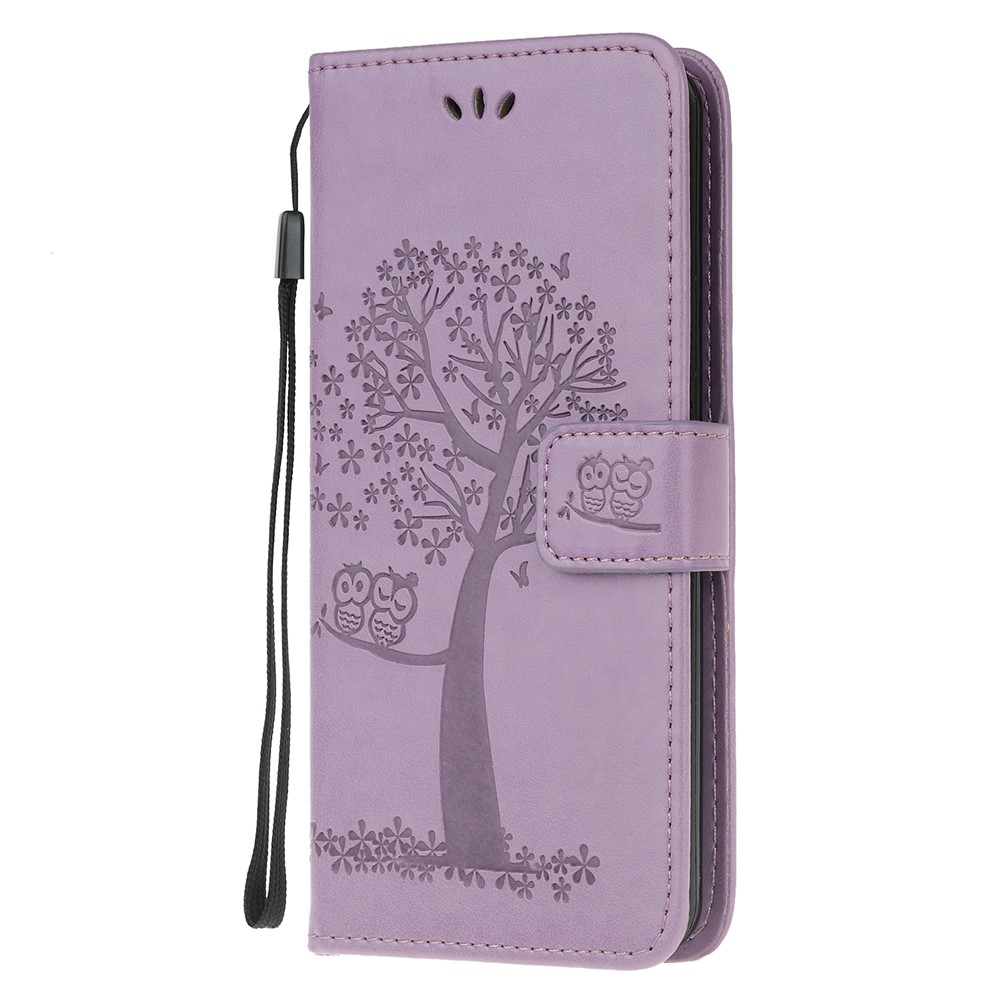 Copertura Del Telefono Di Impronta Albero Gufo PU Portafoglio In Pelle Con Supporto Per Xiaomi Redmi Nota 8 - Viola Chiaro-2