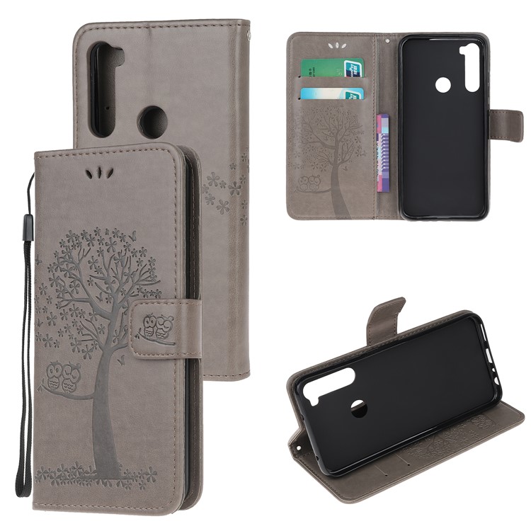 Imprint Tree Owl PU Leather Wallet Phone Cover with Stand for Xiaomi Redmi Note 8 - Grey-1