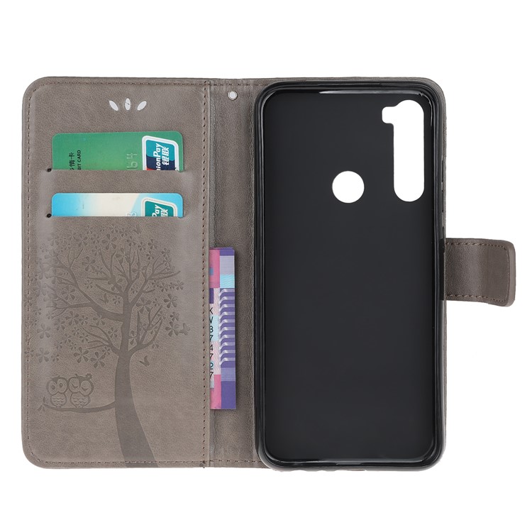 Imprint Tree Owl PU Leather Wallet Phone Cover with Stand for Xiaomi Redmi Note 8 - Grey-5