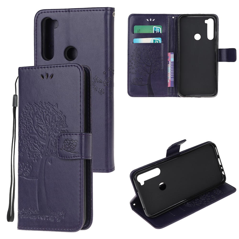 Imprint Tree Owl PU Leather Wallet Phone Cover with Stand for Xiaomi Redmi Note 8 - Dark Purple-1