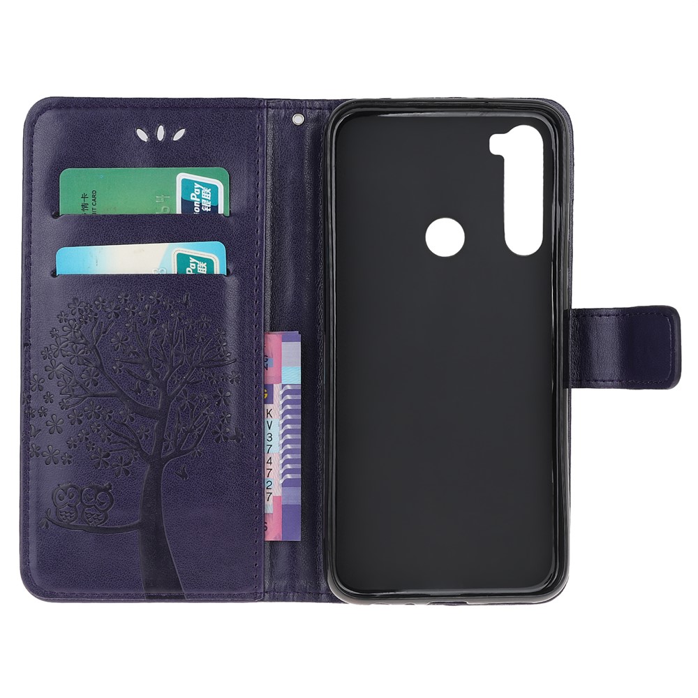 Imprint Tree Owl PU Leather Wallet Phone Cover with Stand for Xiaomi Redmi Note 8 - Dark Purple-5