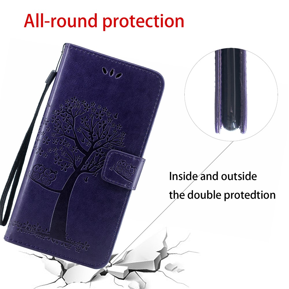 Imprint Tree Owl PU Leather Wallet Phone Cover with Stand for Xiaomi Redmi Note 8 - Dark Purple-6