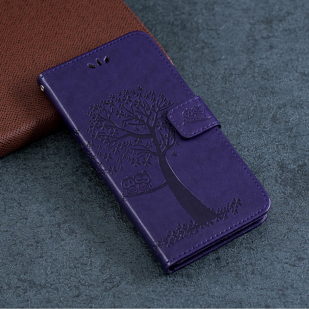 Imprint Tree Owl PU Leather Wallet Phone Cover with Stand for Xiaomi Redmi Note 8 - Dark Purple-7