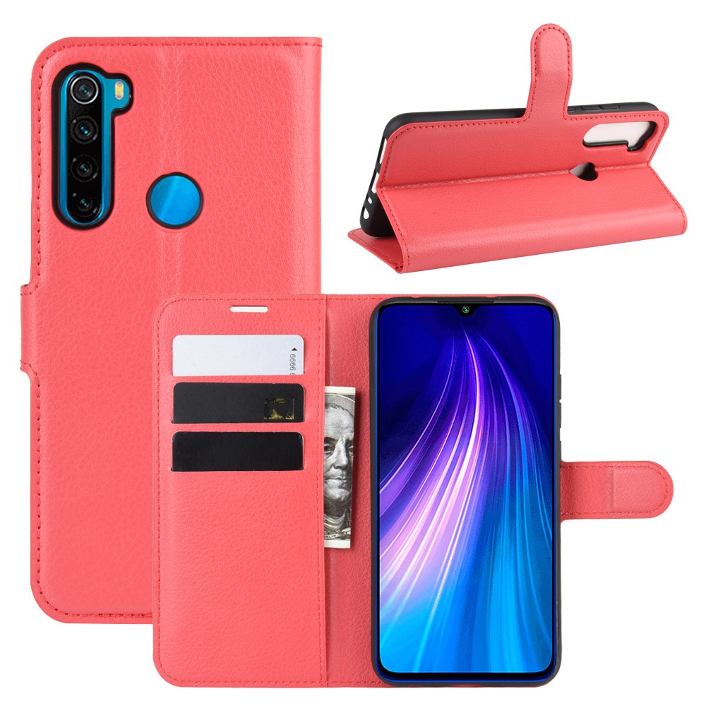 Litchi Skin Leather Wallet Stand Phone Case for Xiaomi Redmi Note 8 - Red-1