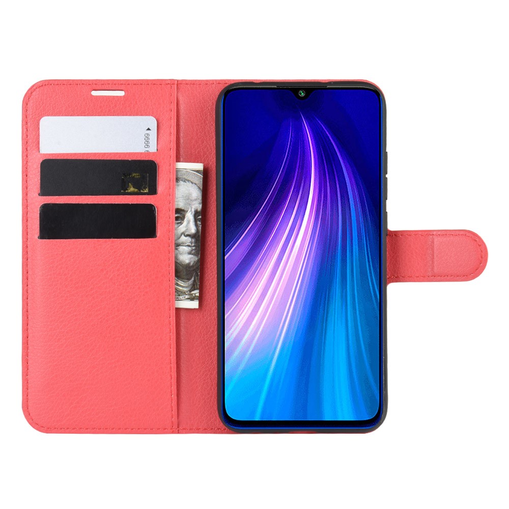 Litchi Skin Leather Wallet Stand Phone Case for Xiaomi Redmi Note 8 - Red-4