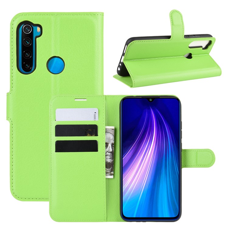 Litchi Skin Leather Wallet Stand Phone Case for Xiaomi Redmi Note 8 - Green-1