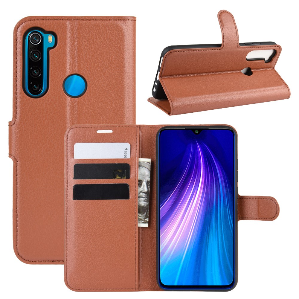 Litchi Skin Leather Wallet Stand Phone Case for Xiaomi Redmi Note 8 - Brown-1