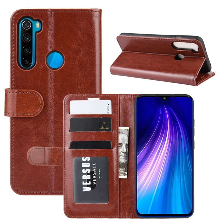 Crazy Horse Texture Wallet Stand Flip Leather Protective Case for Xiaomi Redmi Note 8 - Brown-1