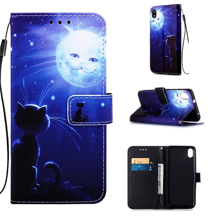 Printing PU Leather Wallet Case for Xiaomi Redmi 7A - Moon and Cat Smile-1