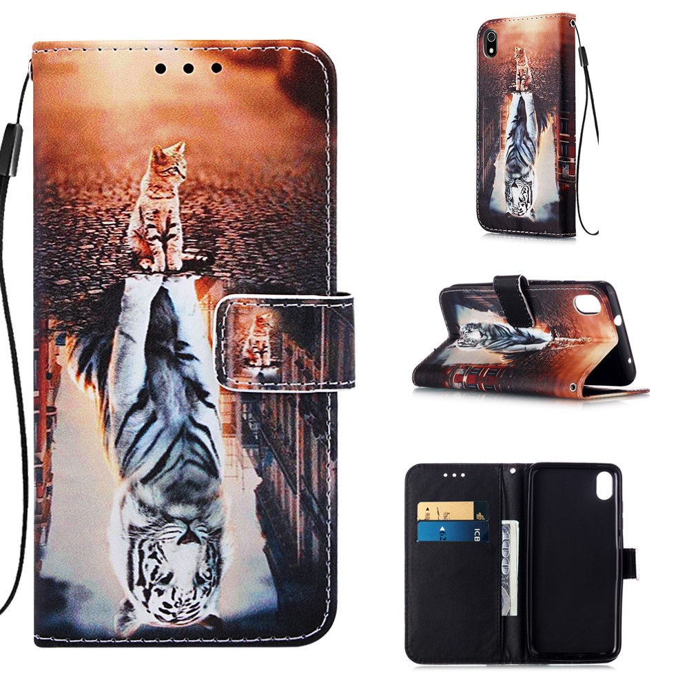 Printing PU Leather Wallet Case for Xiaomi Redmi 7A - Cat and Tiger Reflection in Water-1
