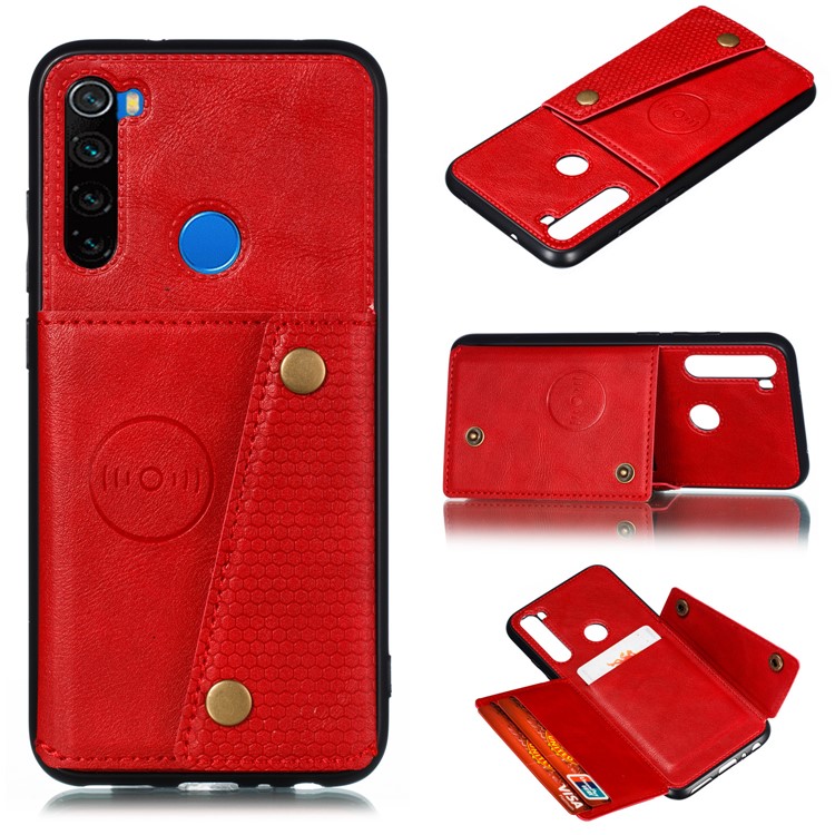 Rivet Decor PU Leather + TPU Phone Case with Card Slots and Built-in Magnetic Holder Metal Sheet for Xiaomi Redmi Note 8 - Red-1