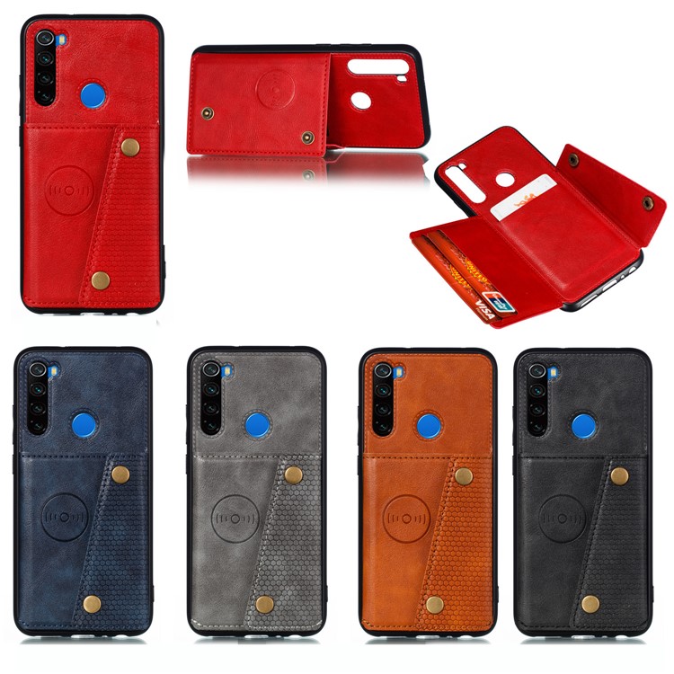 Rivet Decor PU Leather + TPU Phone Case with Card Slots and Built-in Magnetic Holder Metal Sheet for Xiaomi Redmi Note 8 - Red-9