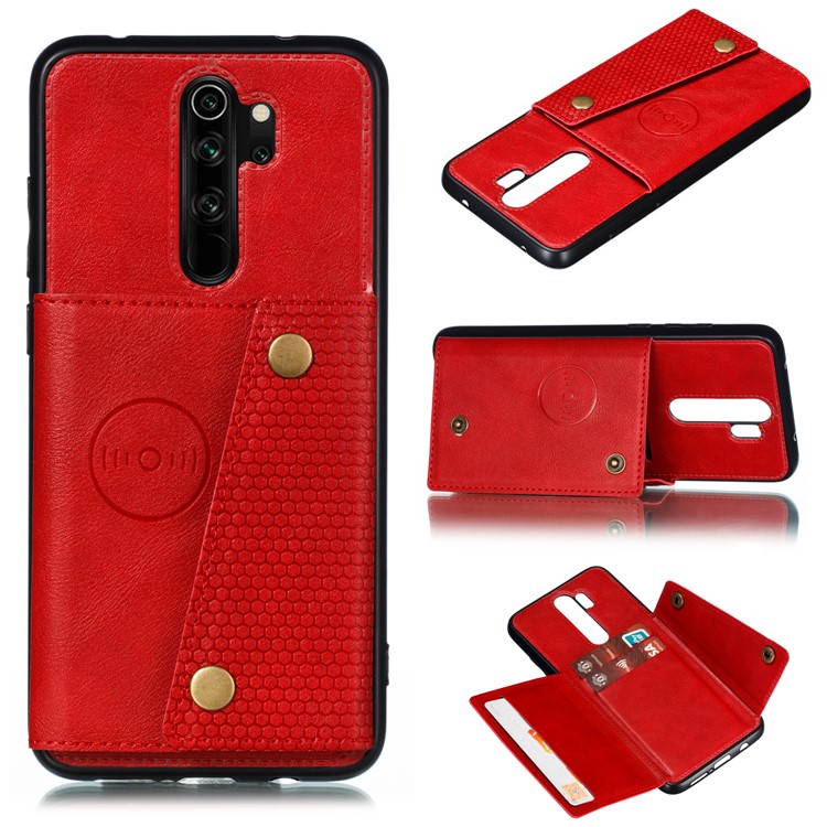 PU Leather + TPU Phone Case with Card Slots and Built-in Magnetic Holder Metal Sheet for Xiaomi Redmi Note 8 Pro - Red-1