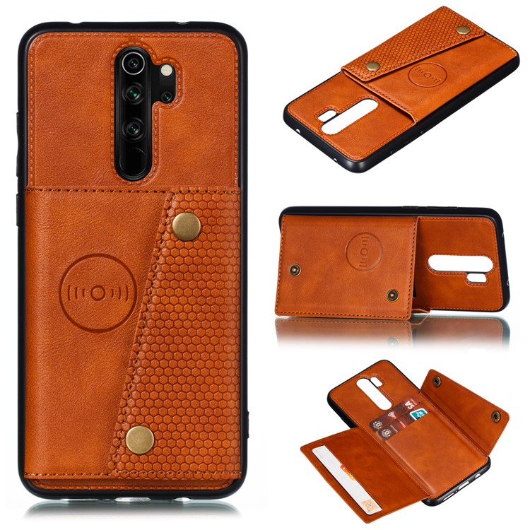 PU Leather + TPU Phone Case with Card Slots and Built-in Magnetic Holder Metal Sheet for Xiaomi Redmi Note 8 Pro - Brown-1