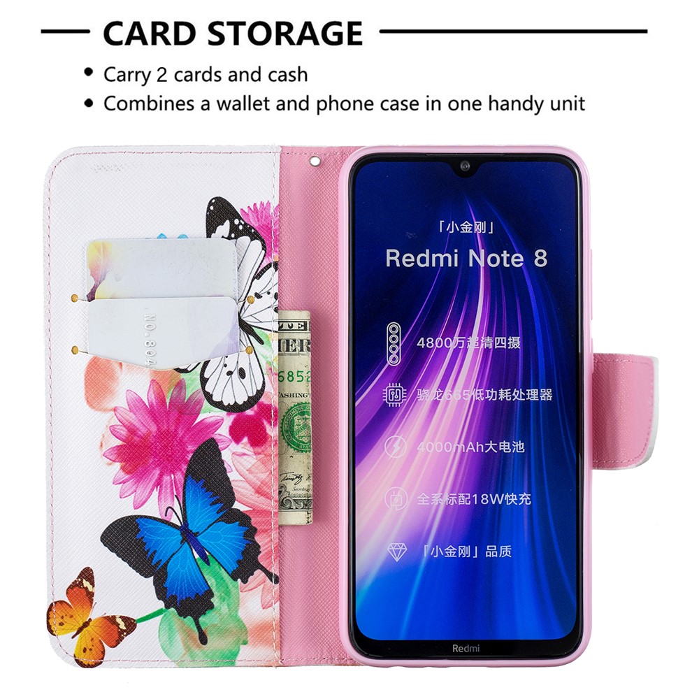 Modèle D'impression PU en Cuir Flip Stand de Téléphone Shell Cellule Pour Xiaomi Redmi Note 8 - Papillons-6