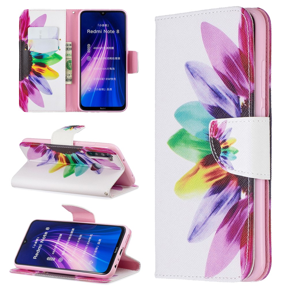 Impresión Del Patrón Del Tirón Del Cuero Cáscara Del Teléfono Celular PU Del Soporte Para Xiaomi Redmi Nota 8 - Flor Coloreada-1