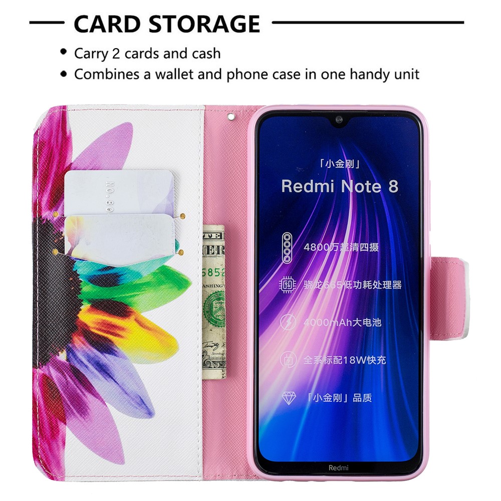 Impresión Del Patrón Del Tirón Del Cuero Cáscara Del Teléfono Celular PU Del Soporte Para Xiaomi Redmi Nota 8 - Flor Coloreada-6