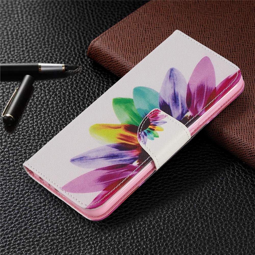 Impresión Del Patrón Del Tirón Del Cuero Cáscara Del Teléfono Celular PU Del Soporte Para Xiaomi Redmi Nota 8 - Flor Coloreada-7
