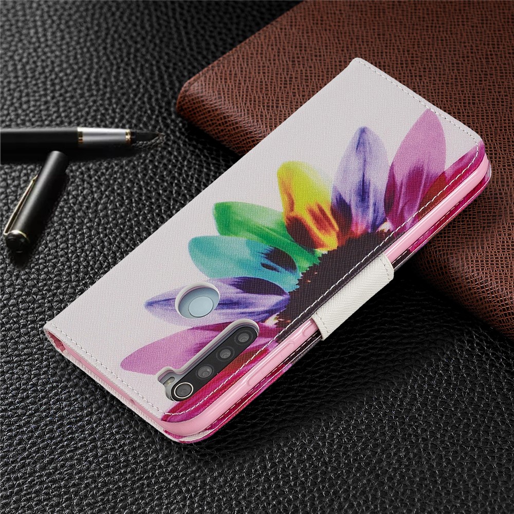 Impresión Del Patrón Del Tirón Del Cuero Cáscara Del Teléfono Celular PU Del Soporte Para Xiaomi Redmi Nota 8 - Flor Coloreada-8