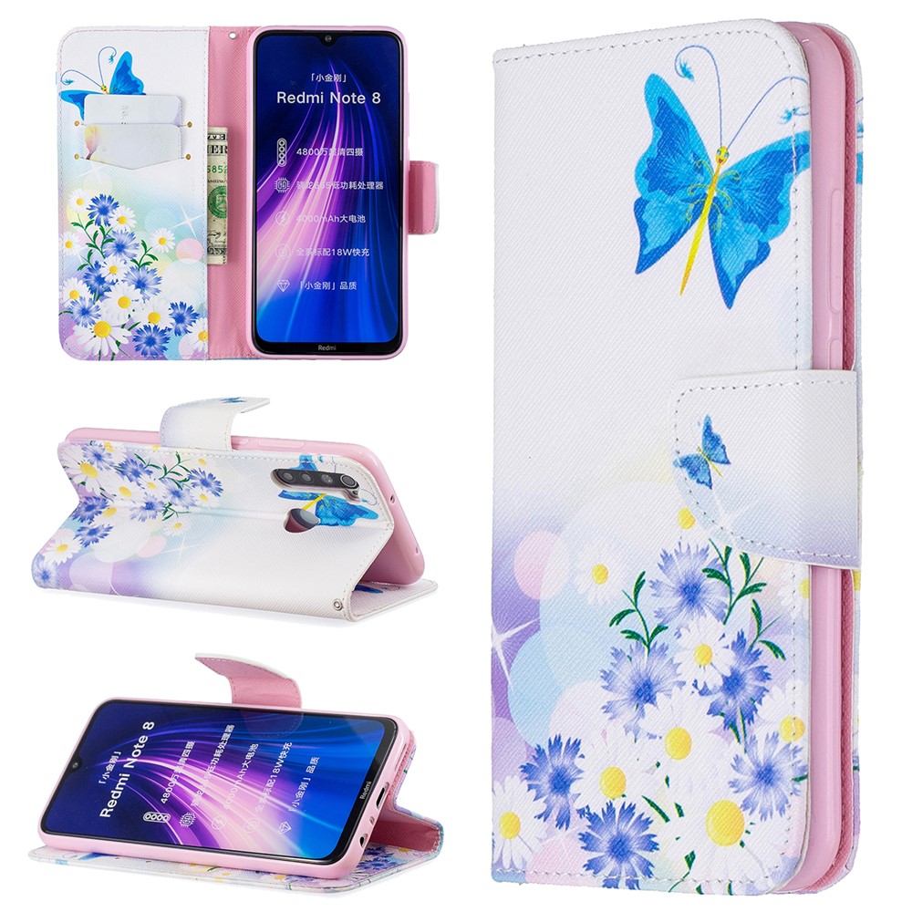 Impresión de Patrones PU Cuero Flip Stand Cell Cell Cell Para Xiaomi Redmi Note 8 - Mariposa Flor y Azul