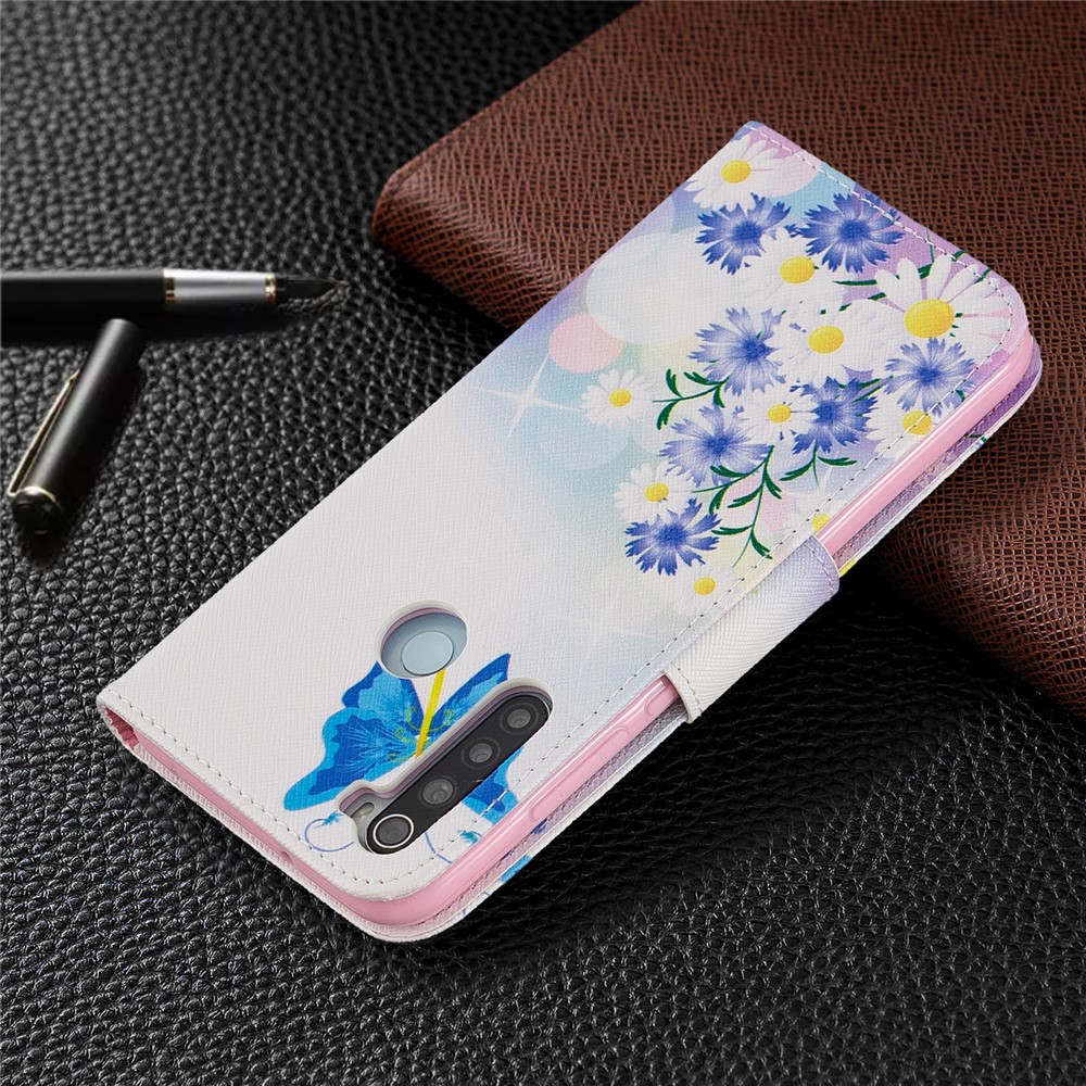 Impresión de Patrones PU Cuero Flip Stand Cell Cell Cell Para Xiaomi Redmi Note 8 - Mariposa Flor y Azul