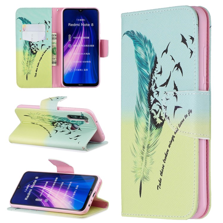 Musterdruck PU-Leder Flip Stand Telefonzelle Shell Für Xiaomi Redmi Anmerkung 8 - Feder-1
