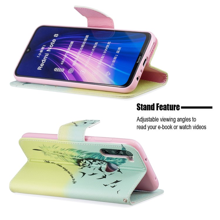 Musterdruck PU-Leder Flip Stand Telefonzelle Shell Für Xiaomi Redmi Anmerkung 8 - Feder-5
